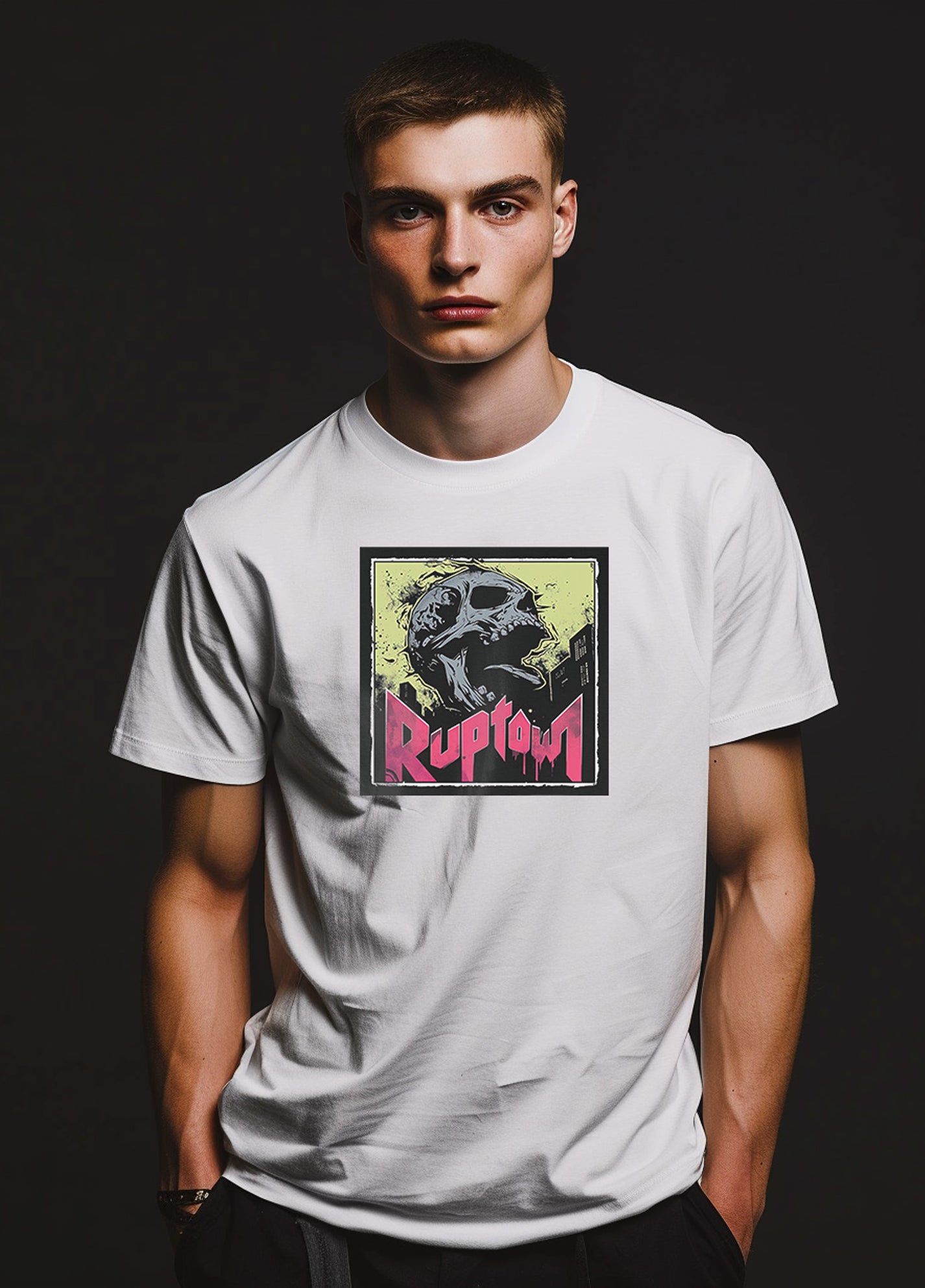 Loose white T-shirt with skull front print for men | Ruptown